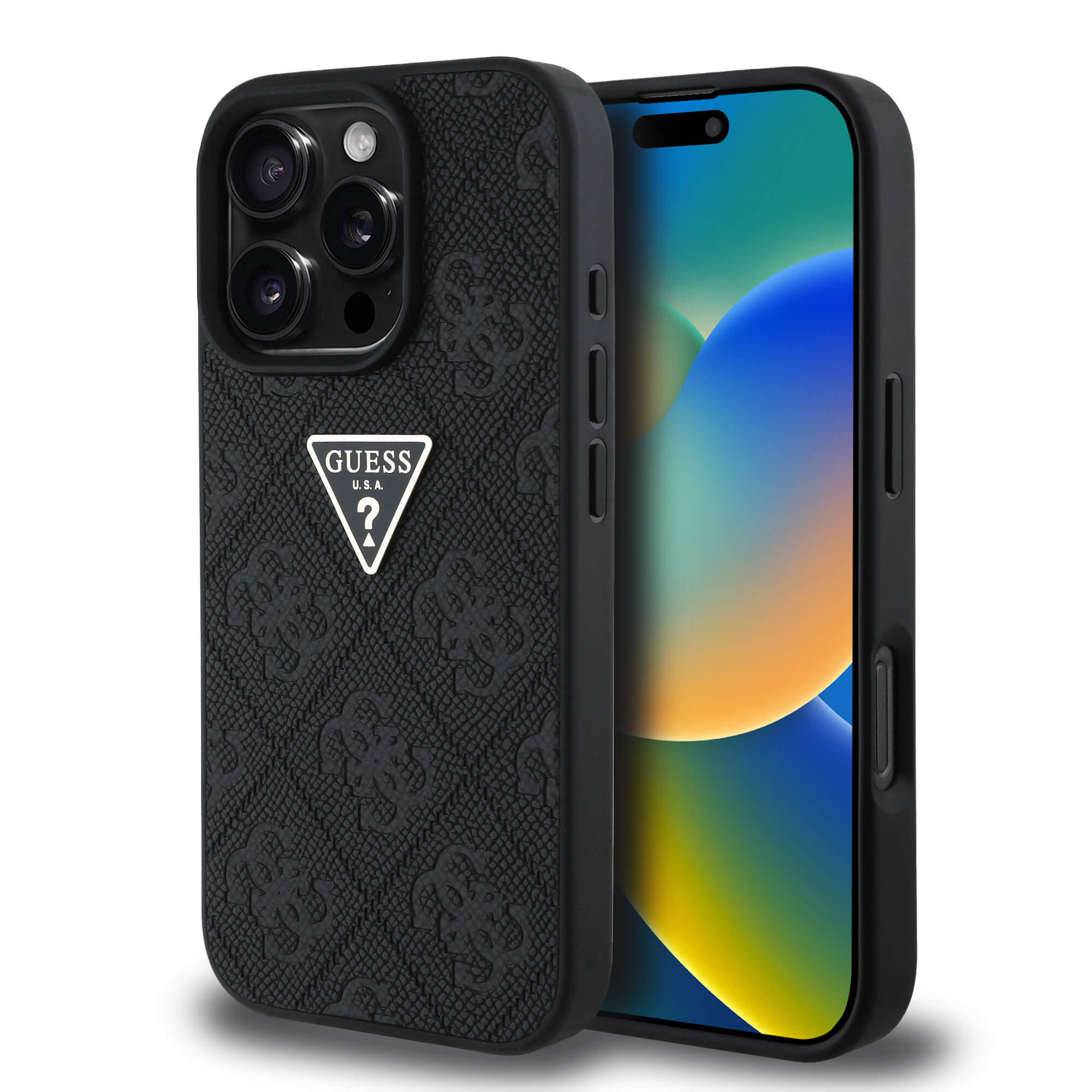 Guess iPhone 16 Pro - Hot Stamp 4G Pattern Triangle Metal Logo - Θήκη με Επένδυση Συνθετικού Δέρματος και Πλαίσιο Σιλικόνης - Black - GUHCP16LPGP4STRK