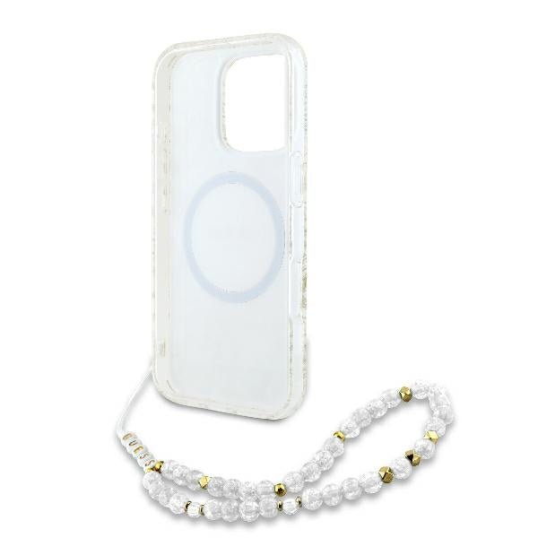 Guess iPhone 16 Pro Max - IML Flowers Allover Electro With Pearl Strap MagSafe - Σκληρή Θήκη με Πλαίσιο Σιλικόνης και Λουράκι - White / Διάφανη - GUHMP16XHCPOFPH