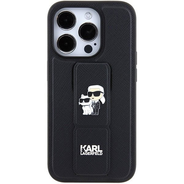 Karl Lagerfeld iPhone 15 Pro - Gripstand Saffiano Karl and Choupette Pin Σκληρή Θήκη με Επένδυση Συνθετικού Δέρματος και Stand - Black - KLHCP15LGSAKCPK