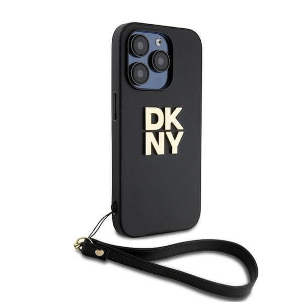 DKNY iPhone 15 Pro - Wrist Strap Stock Logo - Σκληρή Θήκη με Επένδυση Συνθετικού Δέρματος με Λουράκι - Black