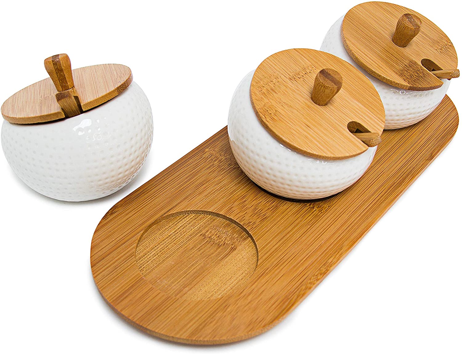 Relaxdays Σετ με 3 Κεραμικά Δοχεία Αποθήκευσης JIAO με Βάση και Καπάκια από Μπαμπού - White / Natural - 4052025191337