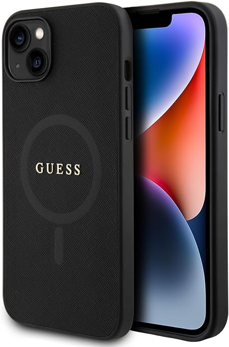 Guess iPhone 15 Saffiano MagSafe Σκληρή Θήκη με Πλαίσιο Σιλικόνης και MagSafe - Black - GUHMP15SPSAHMCK