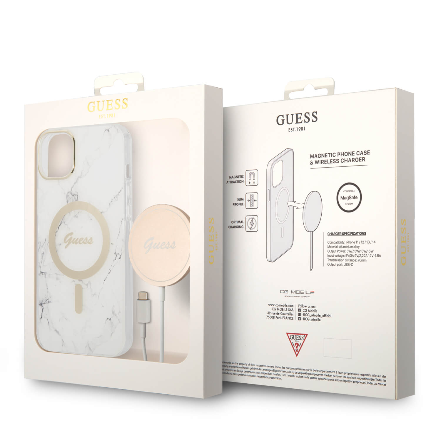 Guess iPhone 15 Plus / 14 Plus - Bundle Pack - Σετ Σκληρή Θήκη με Πλαίσιο Σιλικόνης και Ασύρματος Φορτιστής MagSafe - Design Marble MagSafe - White - GUBPP14MHMEACSH