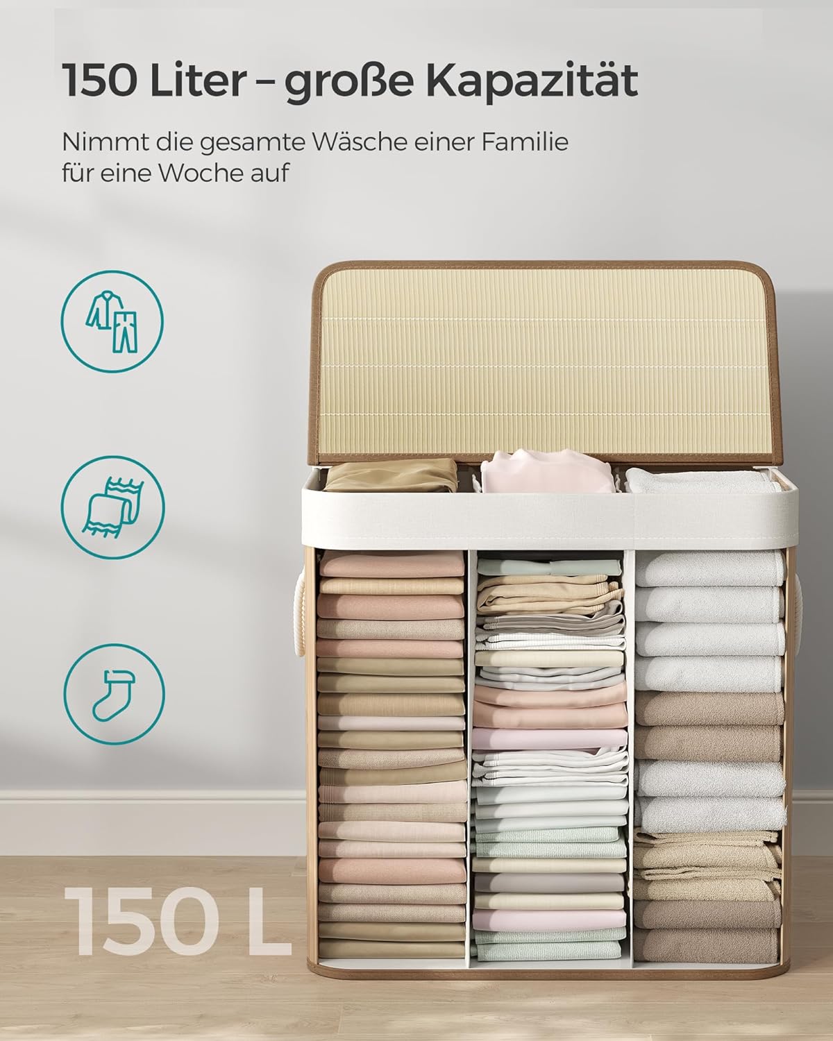 Songmics Καλάθι Απλύτων από Μπαμπού με 3 Διαμερίσματα - 150L - Natural - LCB091N01