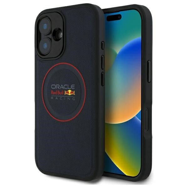 Red Bull iPhone 16 Plus - Leather Red Ring - MagSafe Σκληρή Θήκη με Επένδυση Συνθετικού Δέρματος και Πλαίσιο Σιλικόνης - Navy - RBHMP16M24PUILVR
