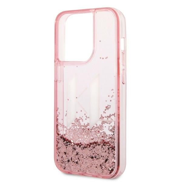 Karl Lagerfeld iPhone 14 Pro - Liquid Glitter Big KL Σκληρή Θήκη με Πλαίσιο Σιλικόνης - Διάφανη / Pink - KLHCP14LLBKLCP