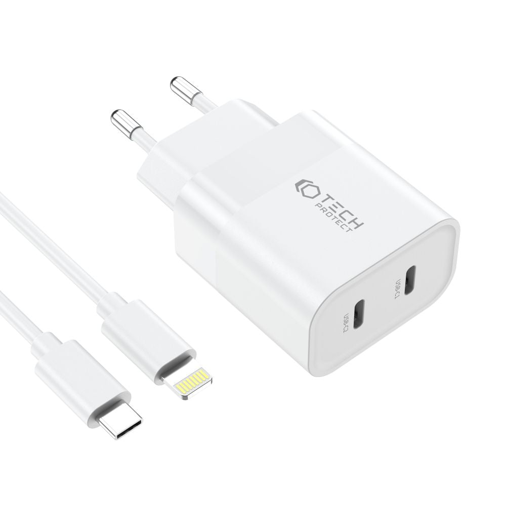 Tech - Protect C20W PD20W Οικιακός Φορτιστής Γρήγορης Φόρτισης με 2 Θύρες Type - C και Καλώδιο Type - C to Lightning - White
