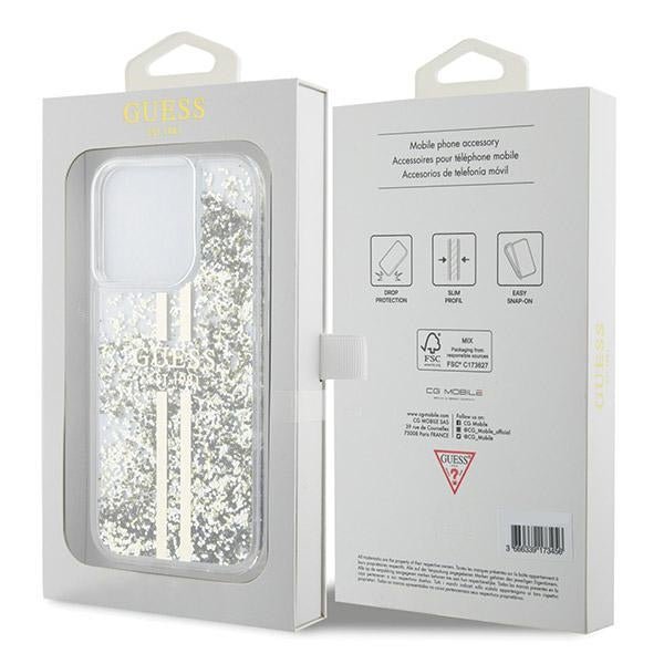 Guess iPhone 15 Pro Max Liquid Glitter Gold Stripes Σκληρή Θήκη με Πλαίσιο Σιλικόνης - Διάφανη - GUHCP15XLFCSEGT