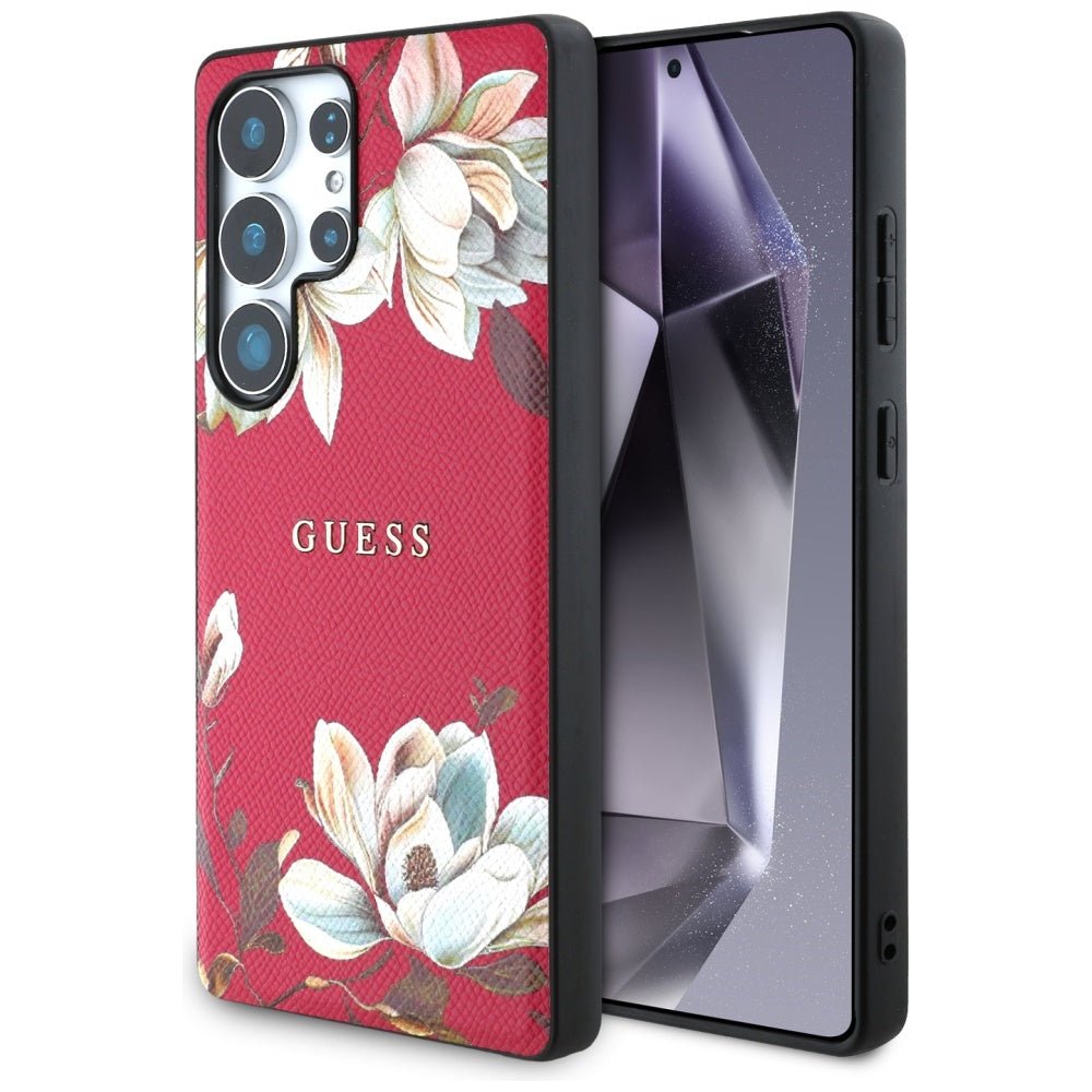 Guess Samsung Galaxy S25 Ultra - Grained Printed Flower Pattern - Θήκη με Επένδυση Συνθετικού Δέρματος και MagSafe - Fuchsia - GUHMS25LPGNMPLMF