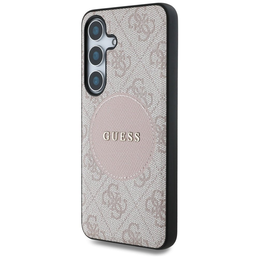 Guess Samsung Galaxy S25 Plus - 4G Round Patch Classic Logo - Θήκη με Επένδυση Συνθετικού Δέρματος και MagSafe - Pink - GUHMS25MP4PGRSGP