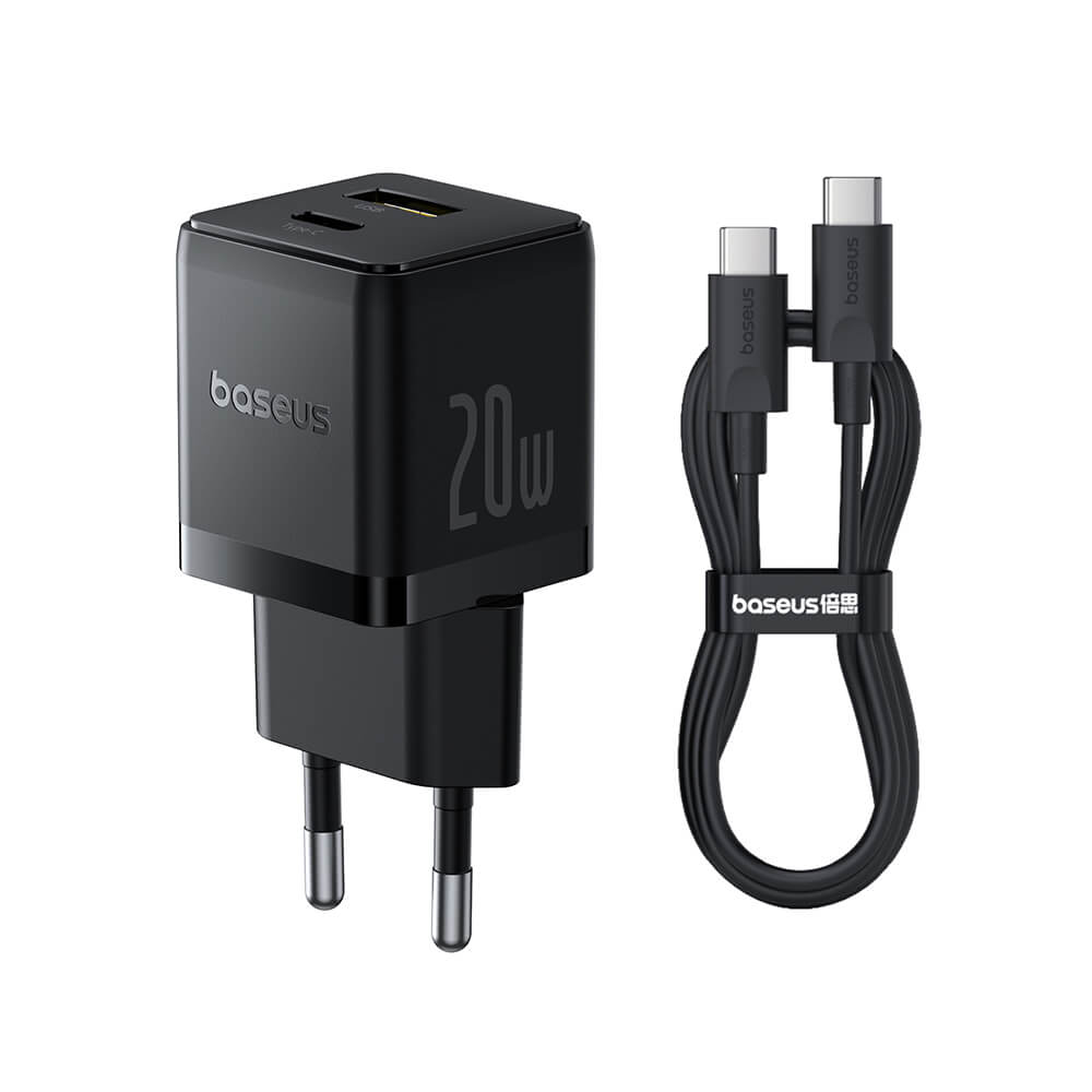 Baseus Palm Οικιακός Φορτιστής Γρήγορης Φόρτισης 20W με 1 Θύρα Type - C και 1 Θύρα USB και Καλώδιο Type - C to Type - C - Cluster Black