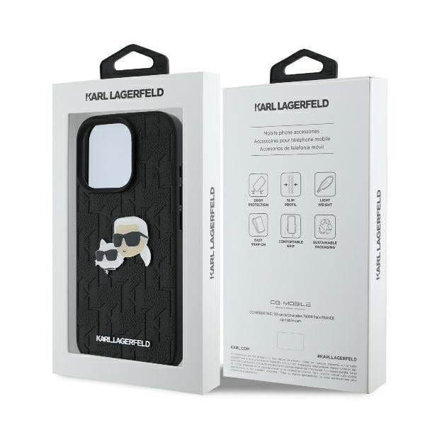 Karl Lagerfeld iPhone 16 Pro Max - Monogram Karl and Choupette Head Pin Σκληρή Θήκη με Επένδυση Συνθετικού Δέρματος - Black - KLHCP16XPGKLKCPK