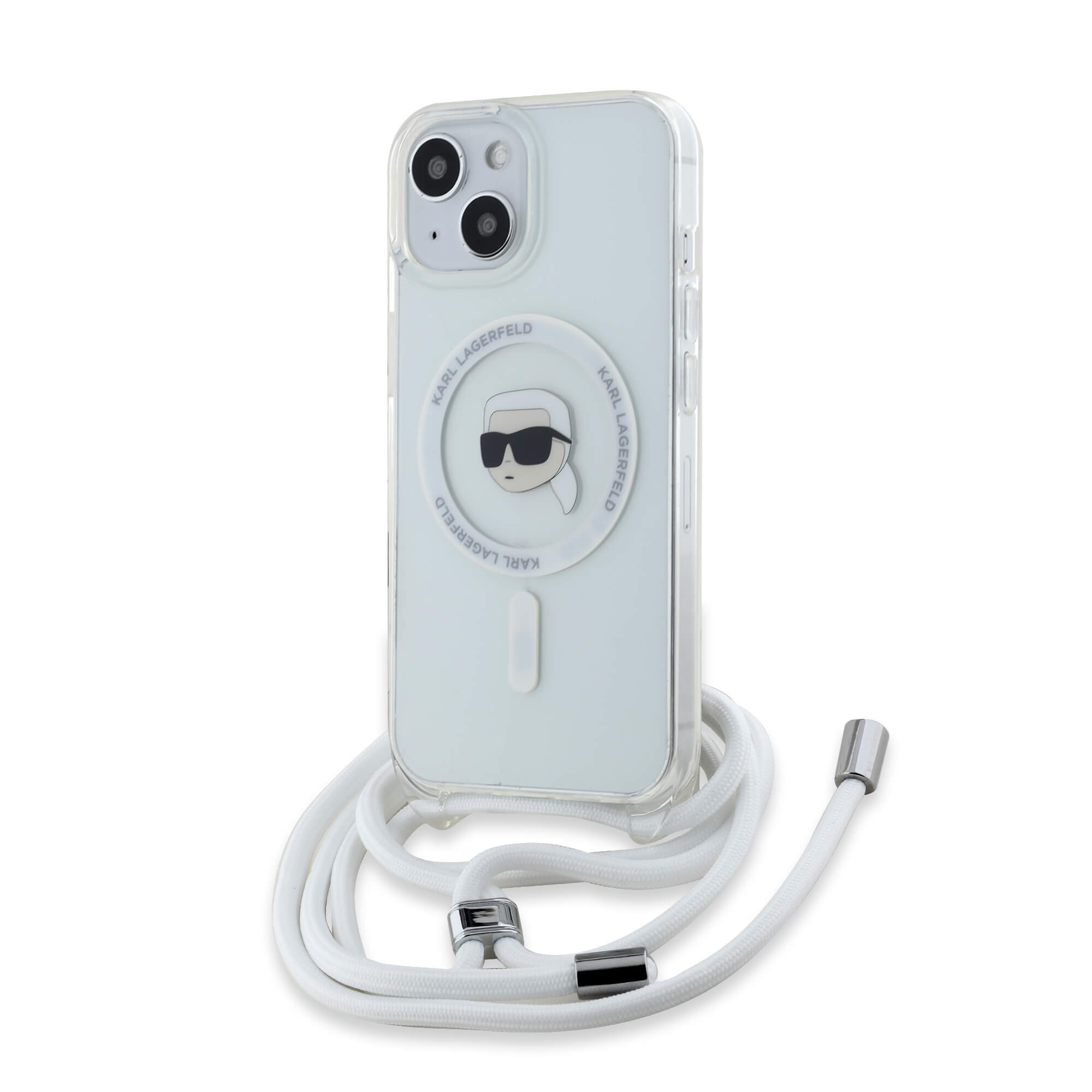 Karl Lagerfeld iPhone 15 / 14 / 13 - Crossbody IML Karl Head - MagSafe Σκληρή Θήκη με Πλαίσιο Σιλικόνης και Λουράκι - Διάφανη - KLHMP15SHCKHNT
