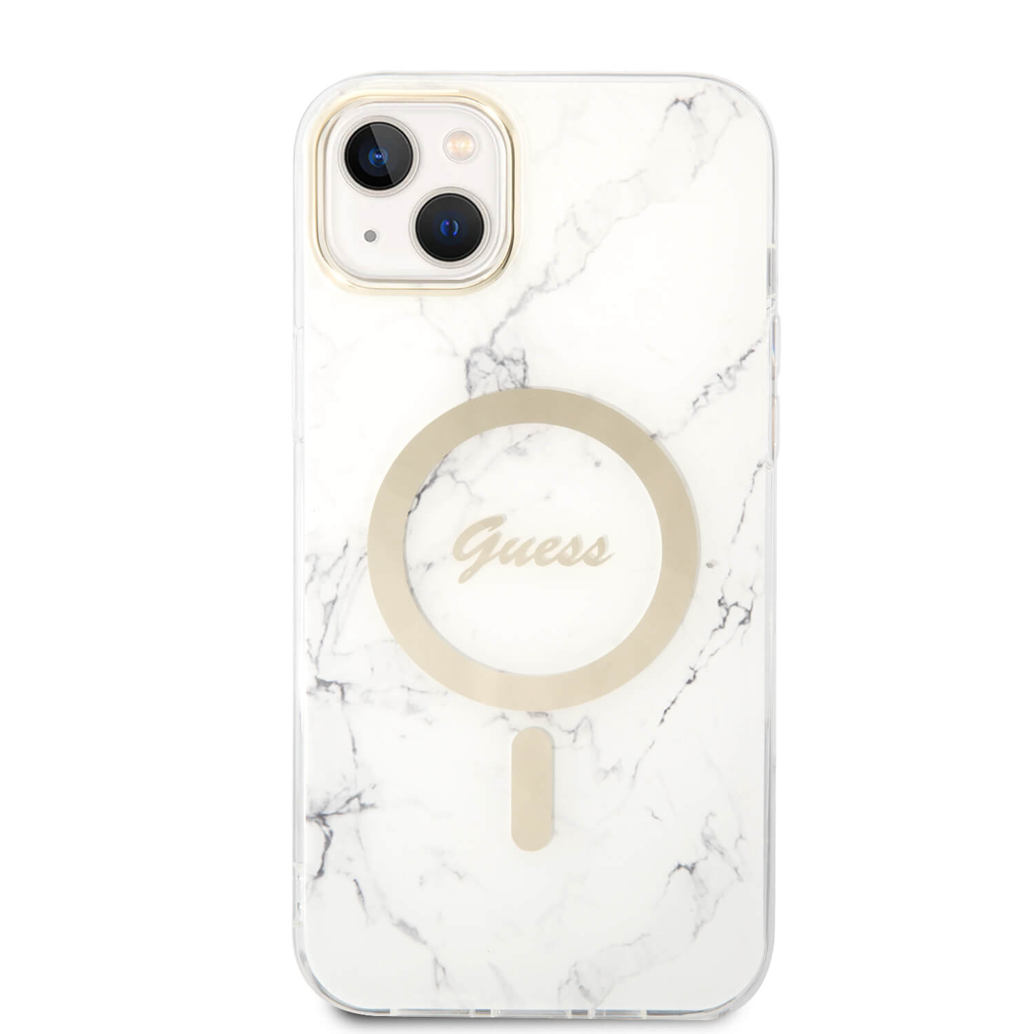 Guess iPhone 15 Plus / 14 Plus - Bundle Pack - Σετ Σκληρή Θήκη με Πλαίσιο Σιλικόνης και Ασύρματος Φορτιστής MagSafe - Design Marble MagSafe - White - GUBPP14MHMEACSH