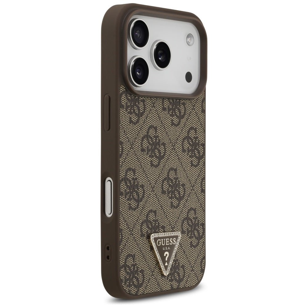 Guess iPhone 17 Pro - 4G Triangle Strass MagSafe - Σκληρή Θήκη με Επένδυση Συνθετικού Δέρματος - Brown - GUHMP17LP4TDPLW