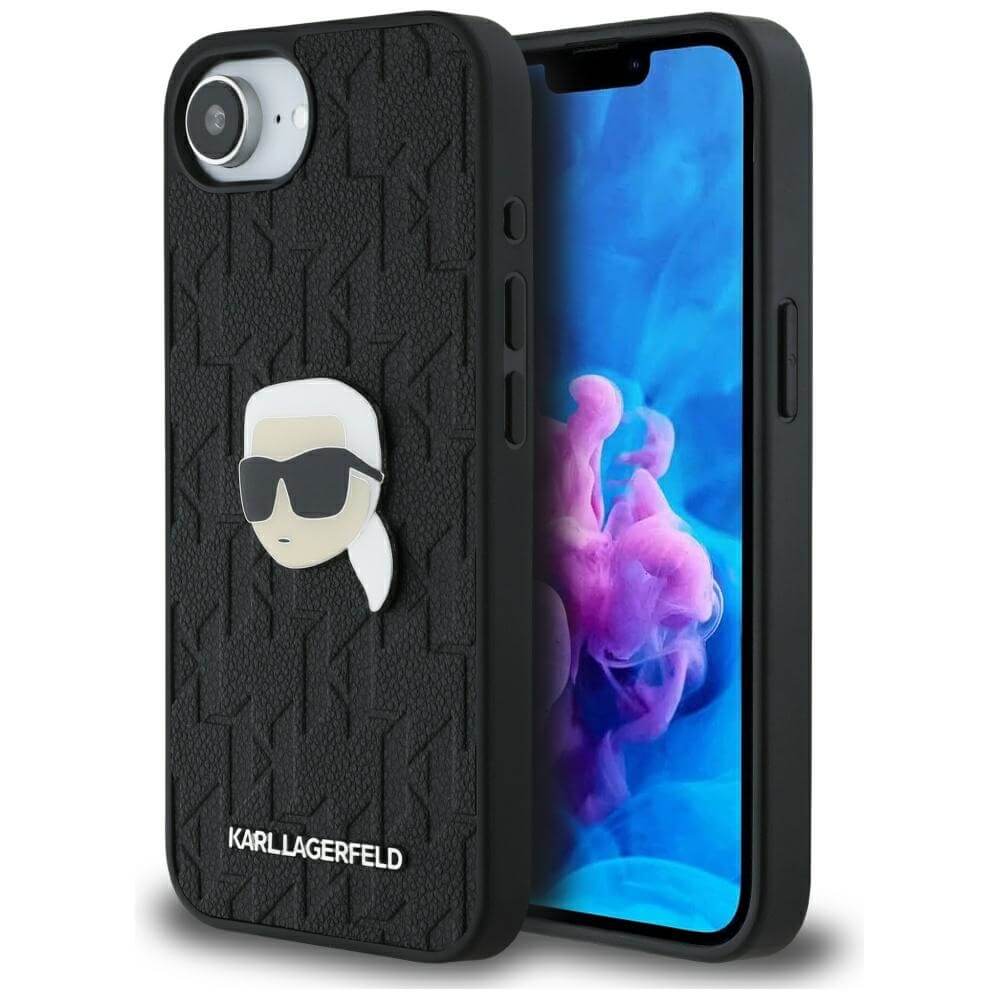 Karl Lagerfeld iPhone 16e - Monogram Karl Head Pin Σκληρή Θήκη με Επένδυση Συνθετικού Δέρματος - Black - KLHCPSE4PGKLKIPK