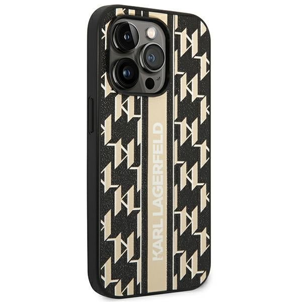 Karl Lagerfeld iPhone 14 Pro - Monogram Stripe Σκληρή Θήκη με Επένδυση Συνθετικού Δέρματος και Πλαίσιο Σιλικόνης - Brown - KLHCP14LPGKLSKW