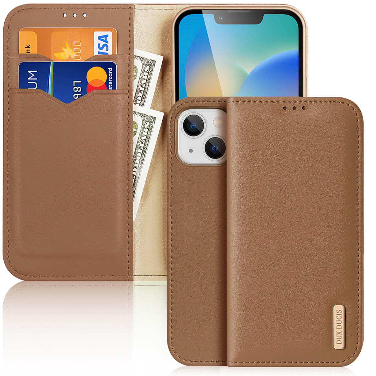 Dux Ducis iPhone 14 Plus Hivo Θήκη Πορτοφόλι Stand από Γνήσιο Δέρμα - Brown