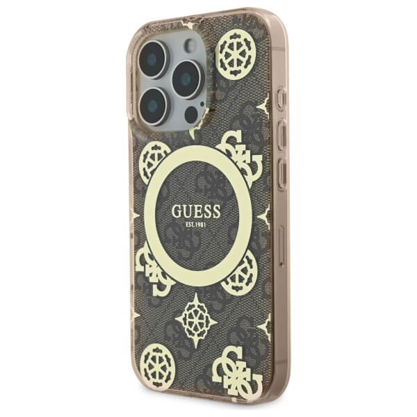 Guess iPhone 16 Pro - IML Peony On 4G Background MagSafe - Θήκη με Επένδυση Συνθετικού Δέρματος - Brown - GUHMP16LH4PYEEW