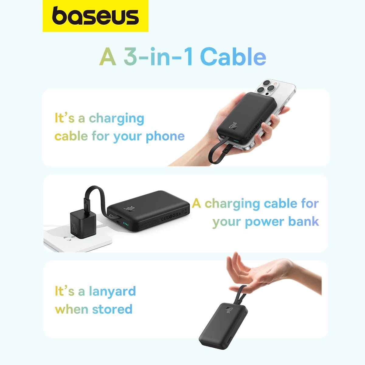 Baseus Magnetic Mini Ασύρματο MagSafe PowerBank 10000mAh 20W με Καλώδιο Type - C και Ενσωματωμένο Καλώδιο Lightning - Black