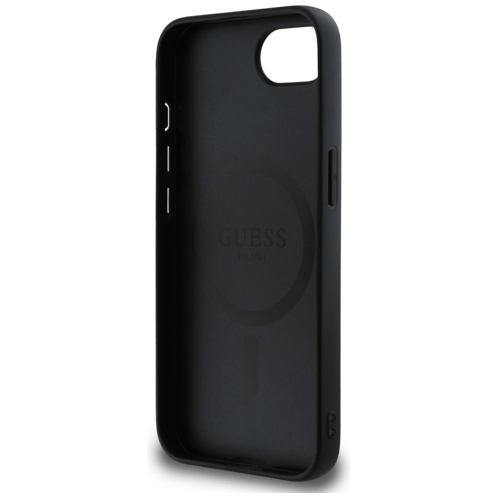 Guess iPhone 16e - Grained Hot Stamp Peony Triangle Logo - MagSafe Σκληρή Θήκη με Επένδυση Συνθετικού Δέρματος - Black - GUHMPSE4PGBTMK
