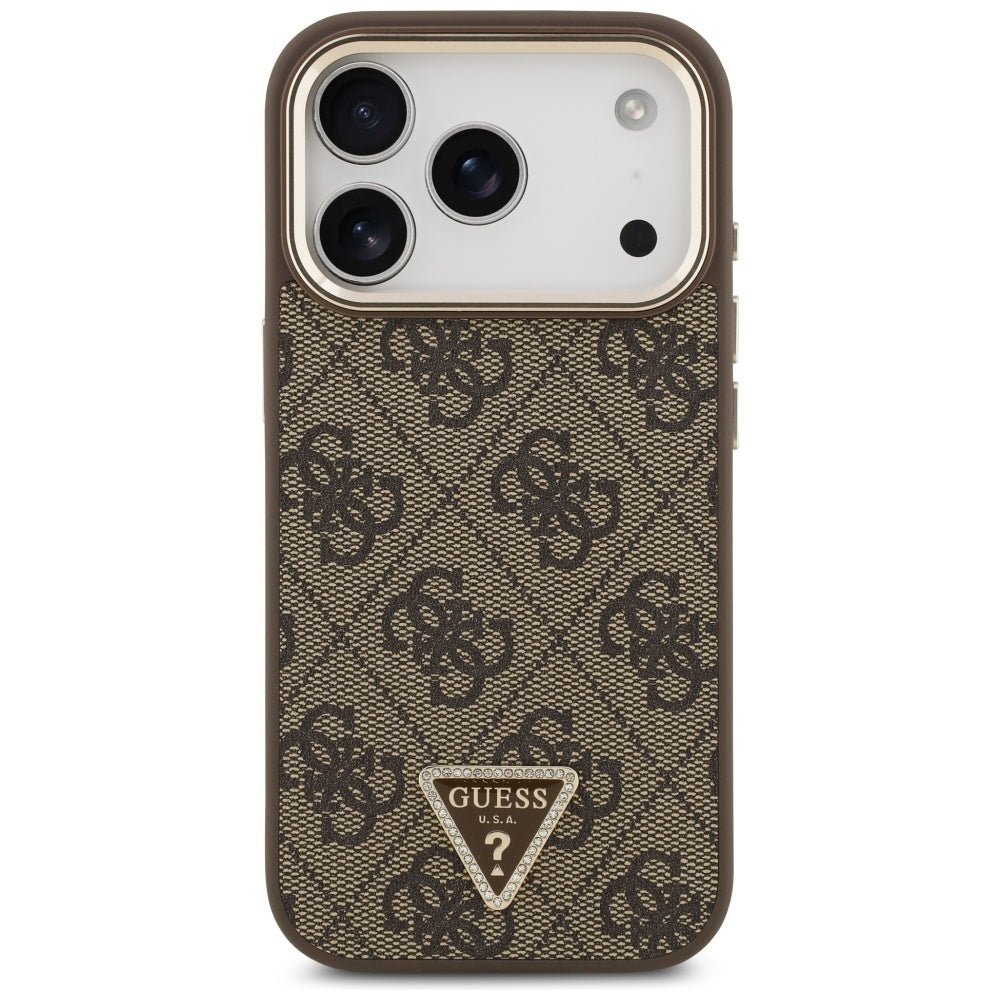 Guess iPhone 17 Pro - 4G Triangle Strass Logo MagSafe - Σκληρή Θήκη με Επένδυση Συνθετικού Δέρματος - Brown / Gold - GUHMP17LP4GTDGMW