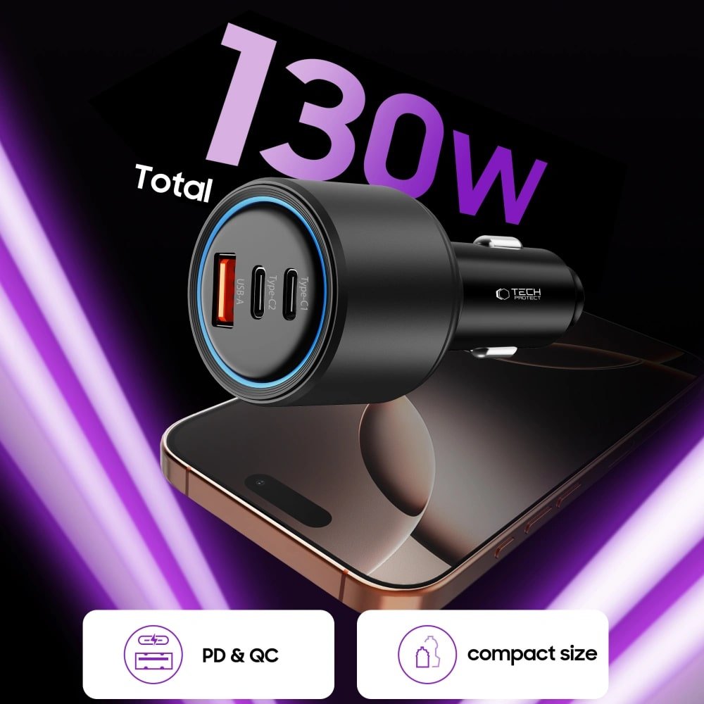 Tech - Protect CC04 PD130W Φορτιστής Αυτοκινήτου Γρήγορης Φόρτισης με 2 Θύρες Type - C και 1 Θύρα USB - Black