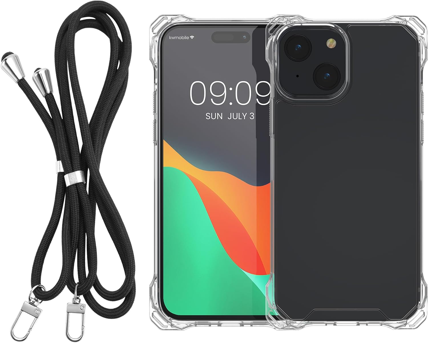 KW iPhone 15 Σκληρή Θήκη με Πλαίσιο Σιλικόνης και Λουράκι - Διάφανη / Black - 62037.01