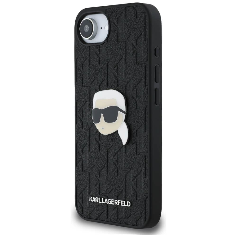 Karl Lagerfeld iPhone 16e - Monogram Karl Head Pin Σκληρή Θήκη με Επένδυση Συνθετικού Δέρματος - Black - KLHCPSE4PGKLKIPK