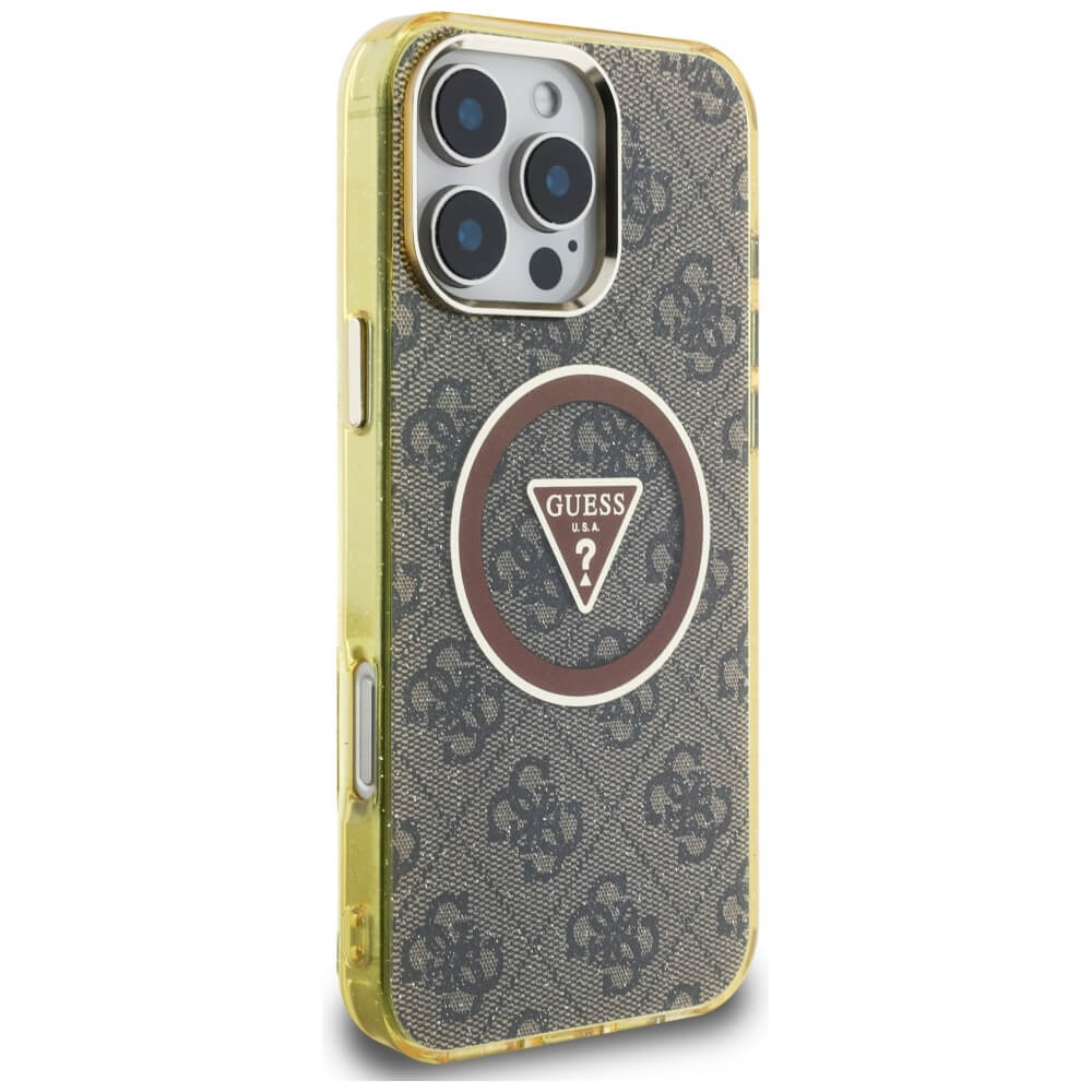 Guess iPhone 16 Pro - IML Metal Glitter 4G Circle Triangle MagSafe - Σκληρή Θήκη με Πλαίσιο Σιλικόνης και MagSafe - Brown - GUHMP16LHG4PRTGW