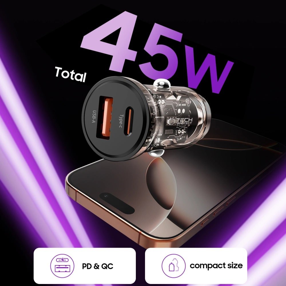 Tech - Protect CC01 PD45W Φορτιστής Αυτοκινήτου Γρήγορης Φόρτισης με 1 Θύρα Type - C και 1 Θύρα USB - Black