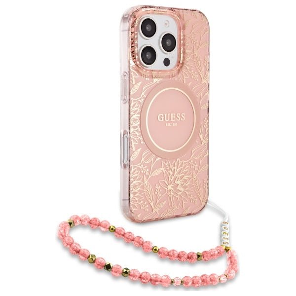 Guess iPhone 16 Pro Max - IML Flowers Allover Electro With Pearl Strap MagSafe - Σκληρή Θήκη με Πλαίσιο Σιλικόνης και Λουράκι - Pink - GUHMP16XHCPOFPP