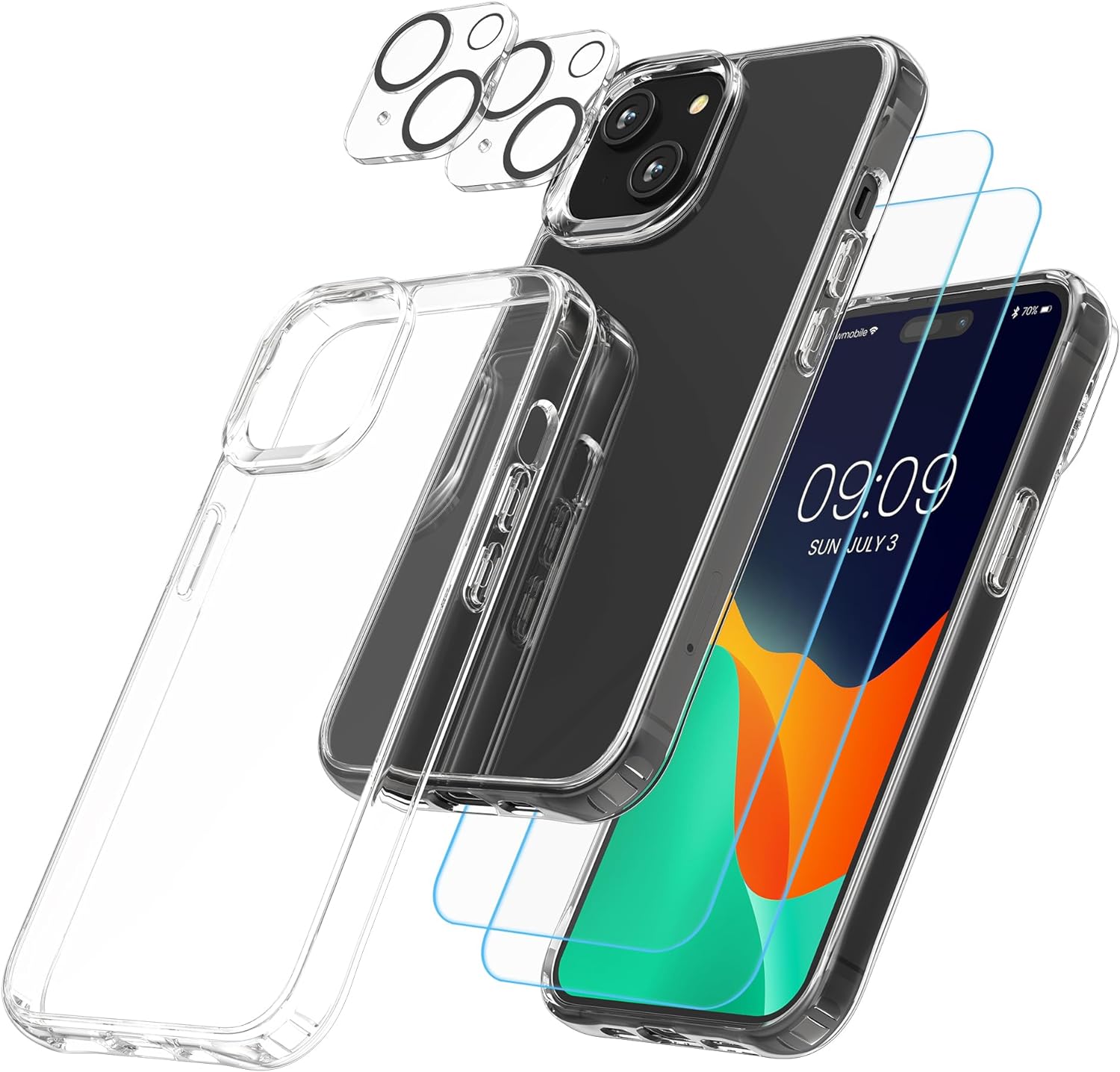 KW iPhone 15 Σετ με 1 Θήκη, 2 Αντιχαρακτικά Γυαλιά Οθόνης και 2 Αντιχαρακτικά Γυαλιά για την Κάμερα - Διάφανα - 62025.03
