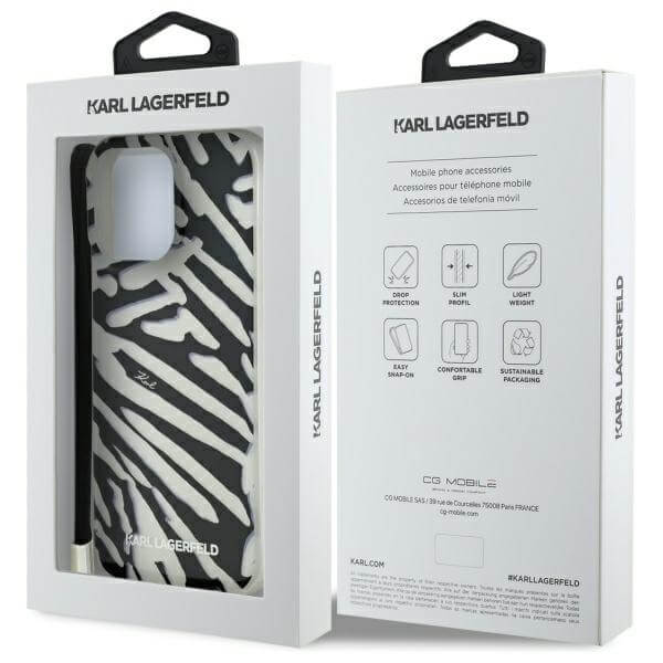 Karl Lagerfeld iPhone 16 Pro Max - IML Zebra Pattern and Cord - Σκληρή Θήκη με Πλαίσιο Σιλικόνης και Λουράκι - Black - KLHCP16XHZBPKCCK