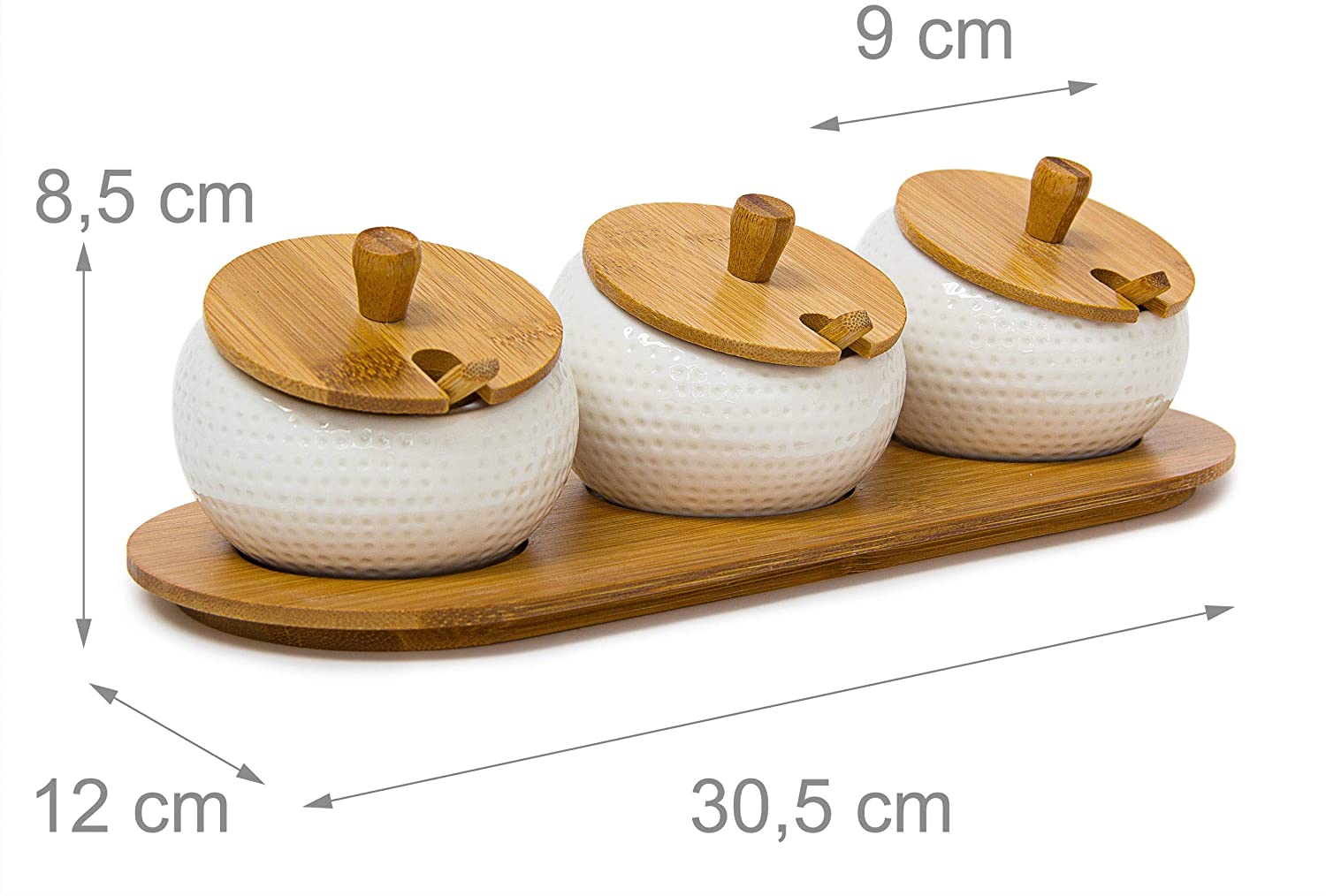 Relaxdays Σετ με 3 Κεραμικά Δοχεία Αποθήκευσης JIAO με Βάση και Καπάκια από Μπαμπού - White / Natural - 4052025191337