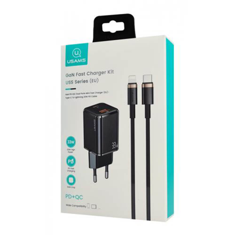 Usams Travel Charger Kit 33W Οικιακός Φορτιστής με 1 Θύρα Type - C και 1 Θύρα USB και καλώδιο Type - C to Lightning 20W - Black - USKTZ01