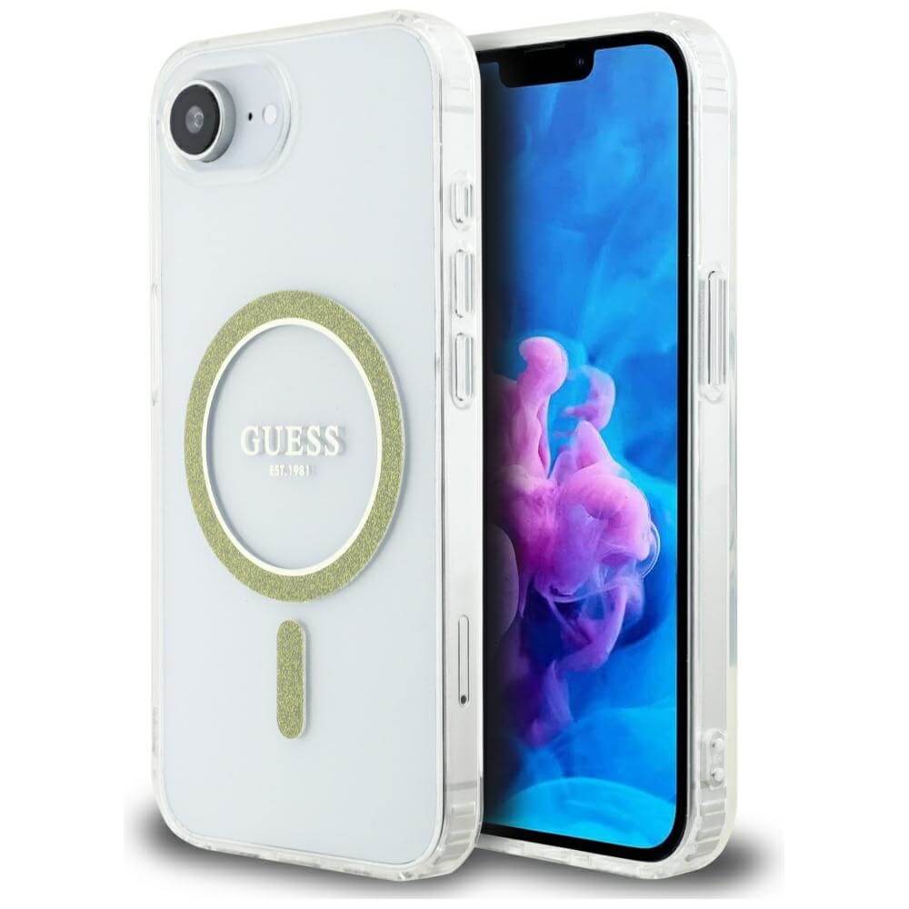 Guess iPhone 16e - IML Glitter Circle MagSafe - Σκληρή Θήκη με Πλαίσιο Σιλικόνης - Διάφανη - GUHMPSE4HFGERET