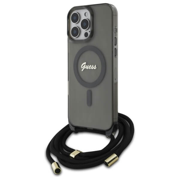 Guess iPhone 16 Pro Max - Crossbody Cord Script MagSafe - Σκληρή Θήκη με Πλαίσιο Σιλικόνης και Λουράκι - Black - GUHMP16XHCTSGNSK