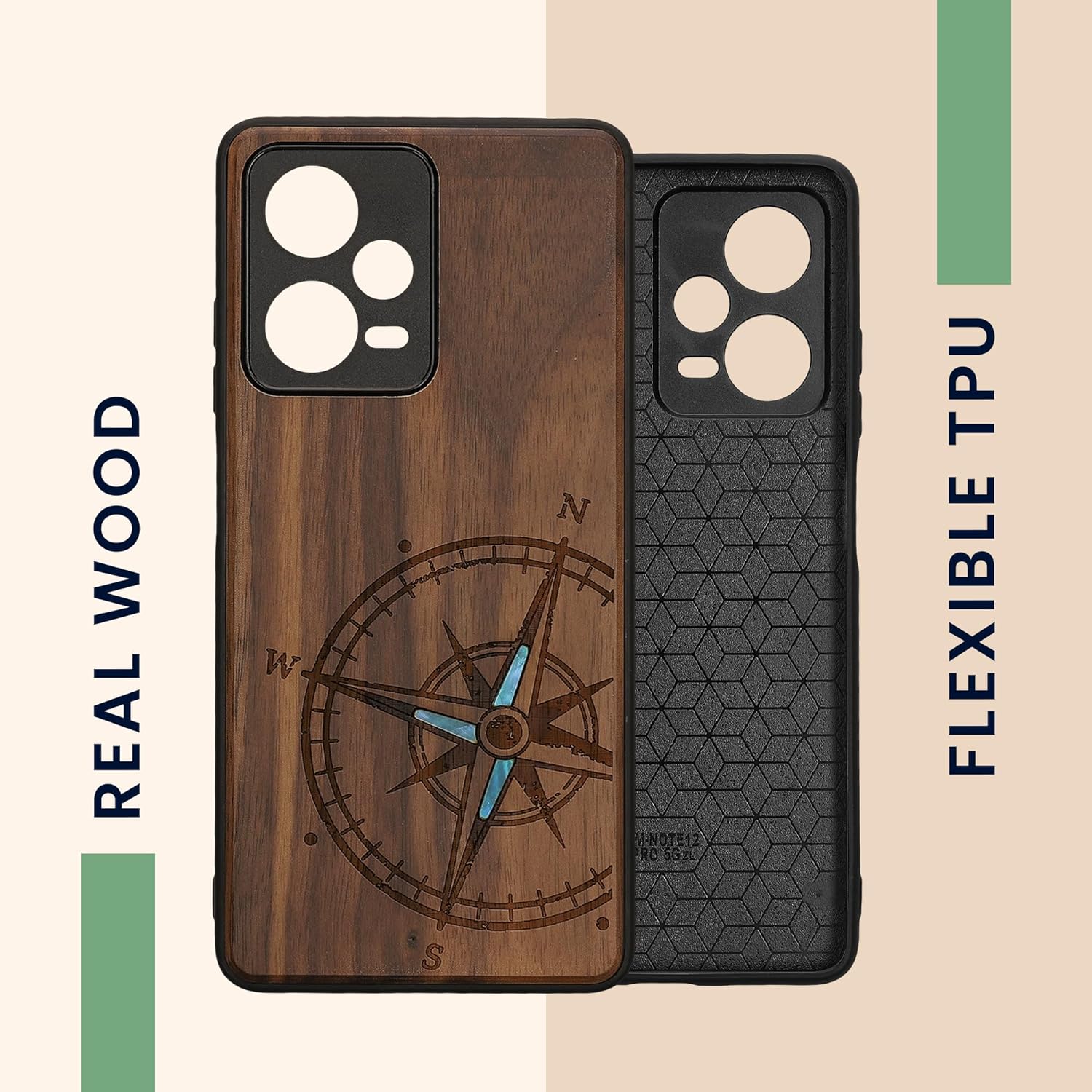 KW Xiaomi Redmi Note 12 Pro Θήκη από Φυσικό Ξύλο - Design Navigational Compass Mother of Pearl - Dark Brown