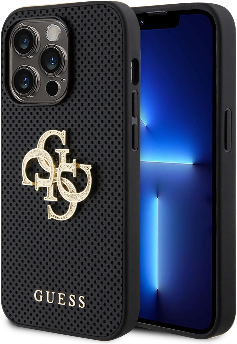 Guess iPhone 15 Pro Leather Perforated 4G Glitter Θήκη με Επένδυση Συνθετικού Δέρματος - Black - GUHCP15LPSP4LGK