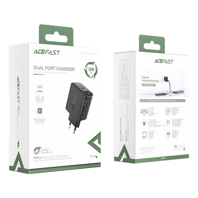 Acefast A5 Οικιακός Φορτιστής Γρήγορης Φόρτισης USB και Type - C QC 3.0 32W - Black
