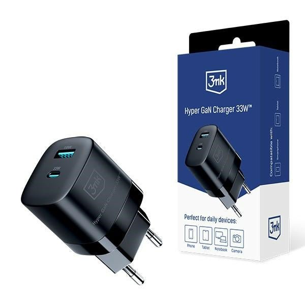3MK Hyper GaN 33W Οικιακός Φορτιστής Γρήγορης Φόρτισης με 1 Θύρα Type - C και 1 Θύρα USB - Black