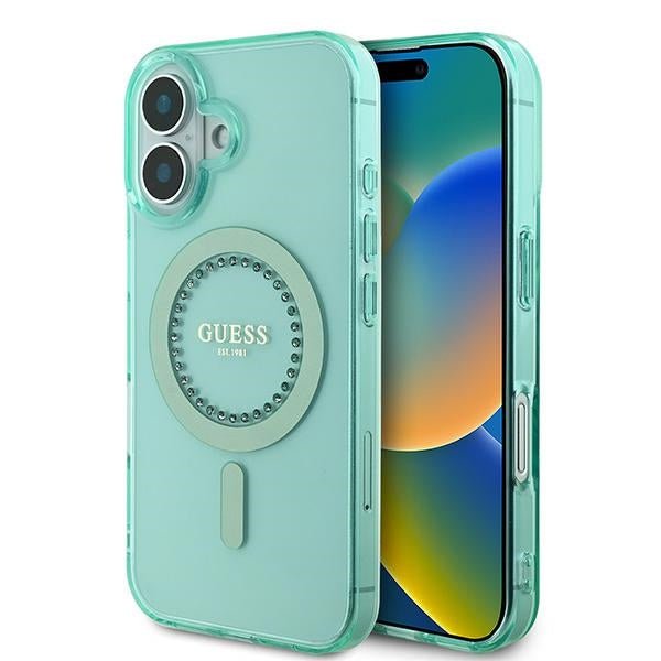 Guess iPhone 16 - IML Rhinestones - MagSafe Σκληρή Θήκη με Πλαίσιο Σιλικόνης - Green - GUHMP16SPFTDTEN