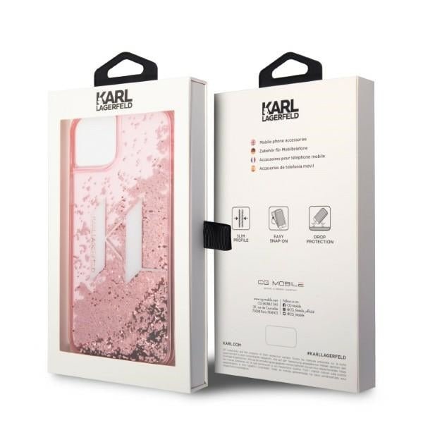 Karl Lagerfeld iPhone 14 Plus / 15 Plus - Liquid Glitter Big KL Σκληρή Θήκη με Πλαίσιο Σιλικόνης - Διάφανη / Pink - KLHCP14MLBKLCP