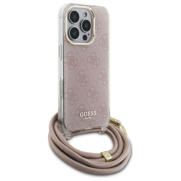 Guess iPhone 16 Pro Max Crossbody Cord 4G Print Σκληρή Θήκη με Πλαίσιο Σιλικόνης και Λουράκι - Pink - GUHCP16XHC4SEP