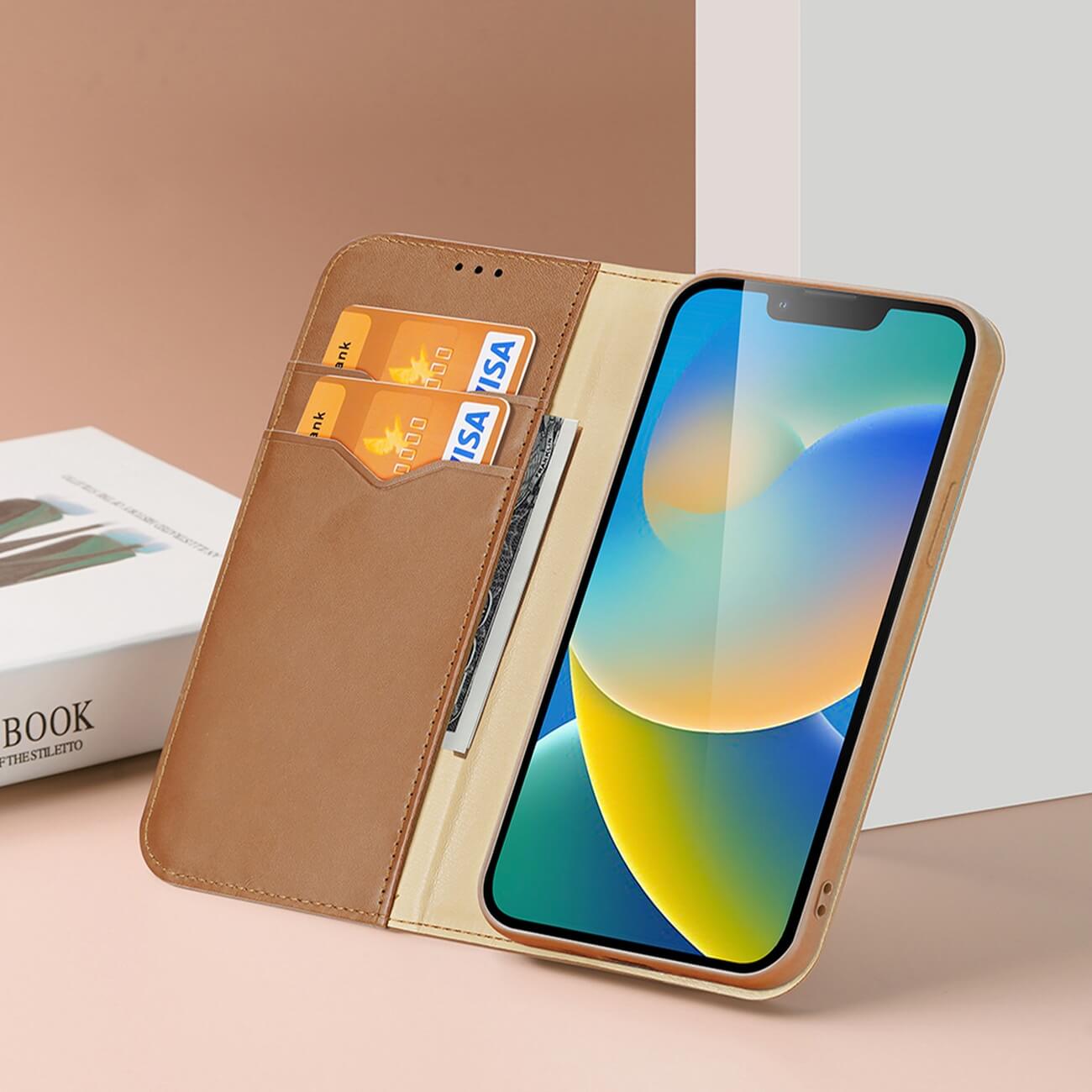 Dux Ducis iPhone 14 Plus Hivo Θήκη Πορτοφόλι Stand από Γνήσιο Δέρμα - Brown