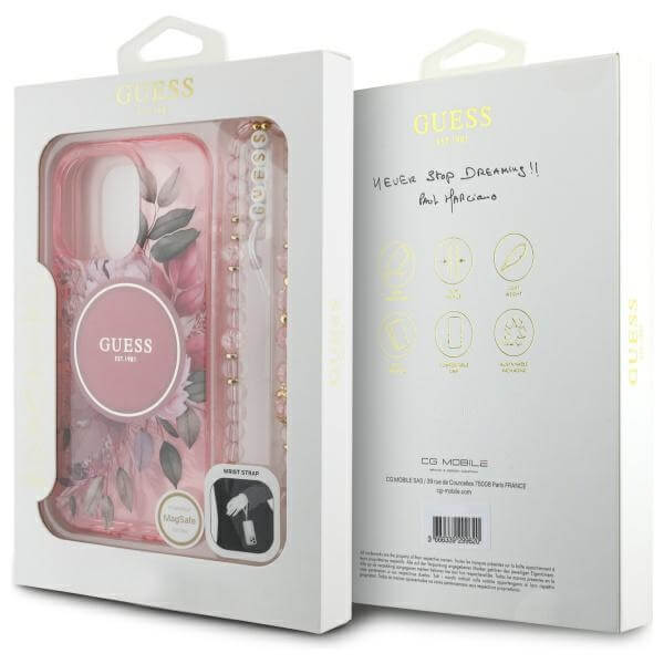 Guess iPhone 16 Pro Max - IML Flowers With Pearl Strap MagSafe - Σκληρή Θήκη με Πλαίσιο Σιλικόνης και Λουράκι - Pink - GUHMP16XHFWBRCESP