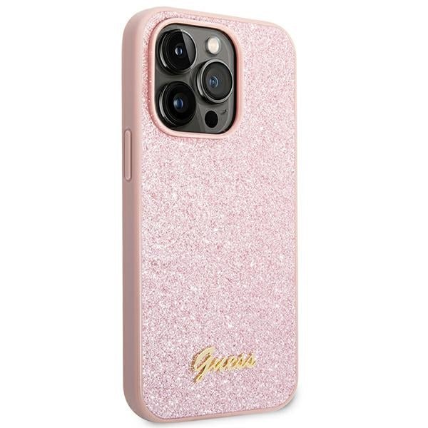Guess iPhone 14 Pro Max Glitter Script Σκληρή Θήκη με Πλαίσιο Σιλικόνης - Pink - GUHCP14XHGGSHP