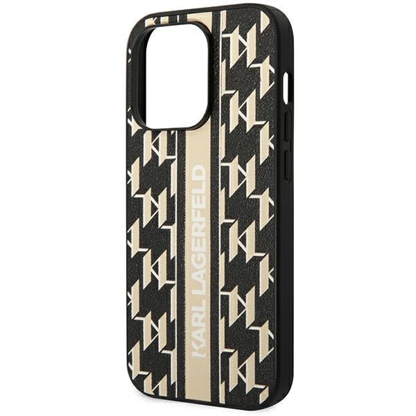 Karl Lagerfeld iPhone 14 Pro - Monogram Stripe Σκληρή Θήκη με Επένδυση Συνθετικού Δέρματος και Πλαίσιο Σιλικόνης - Brown - KLHCP14LPGKLSKW