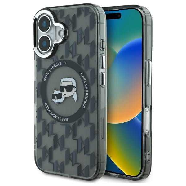 Karl Lagerfeld iPhone 16 - IML Monogram Karl and Choupette Head - MagSafe Σκληρή Θήκη με Πλαίσιο Σιλικόνης - Black - KLHMP16SHMCKMHK